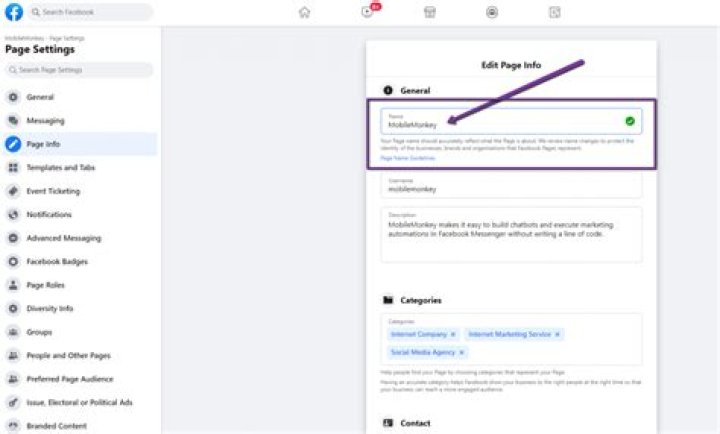 Where to change facebook page name?